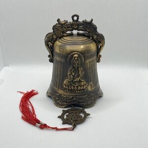 Buddhist Chinese Script Decor Brass Bell with Red Tassel Asian Drangons